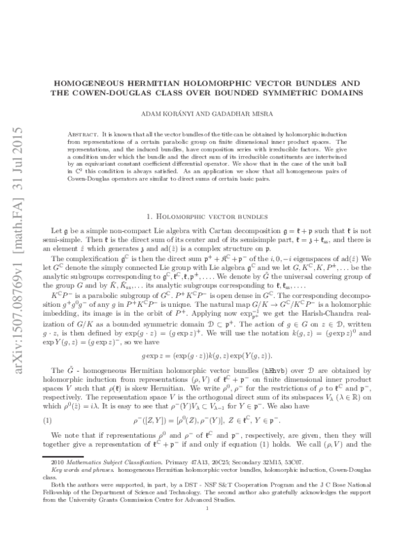 (PDF) Homogeneous Hermitian holomorphic vector bundles and the Cowen ...