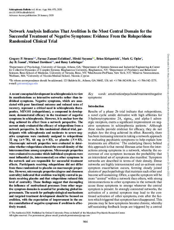 (PDF) Network Analysis Indicates That Avolition Is the Most Central Domain for the Successful