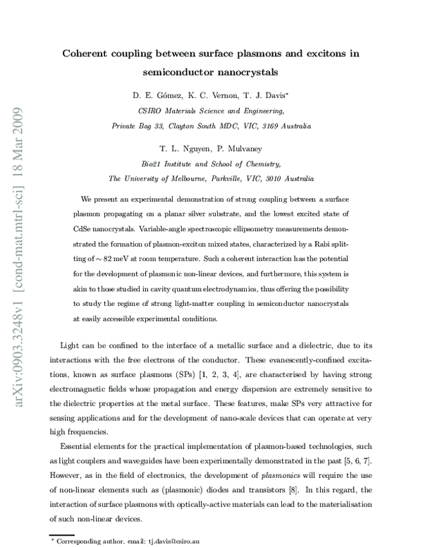 (PDF) Surface Plasmon Mediated Strong Exciton−Photon Coupling in ...
