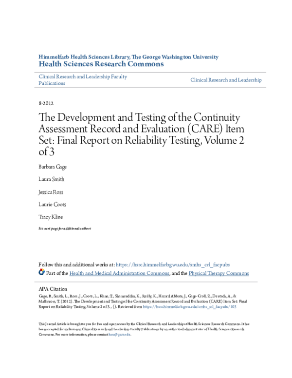 (PDF) The Development and Testing of the Continuity Assessment Record