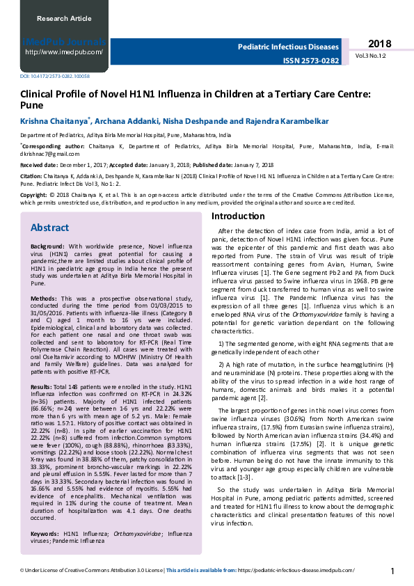 (PDF) Clinical Profile of Novel H1N1 Influenza in Children at a ...