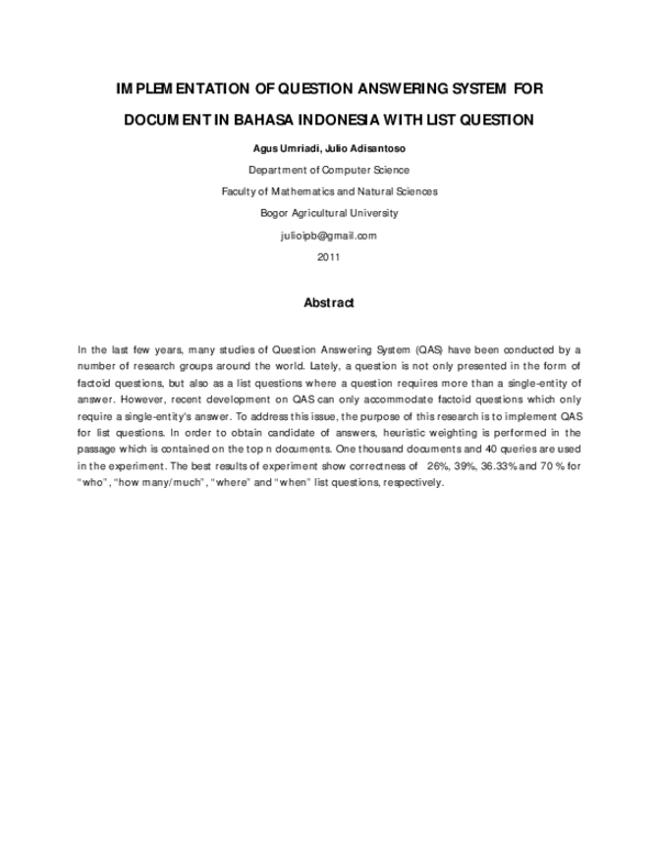 (PDF) Implementation of Question Answering System for Document in ...
