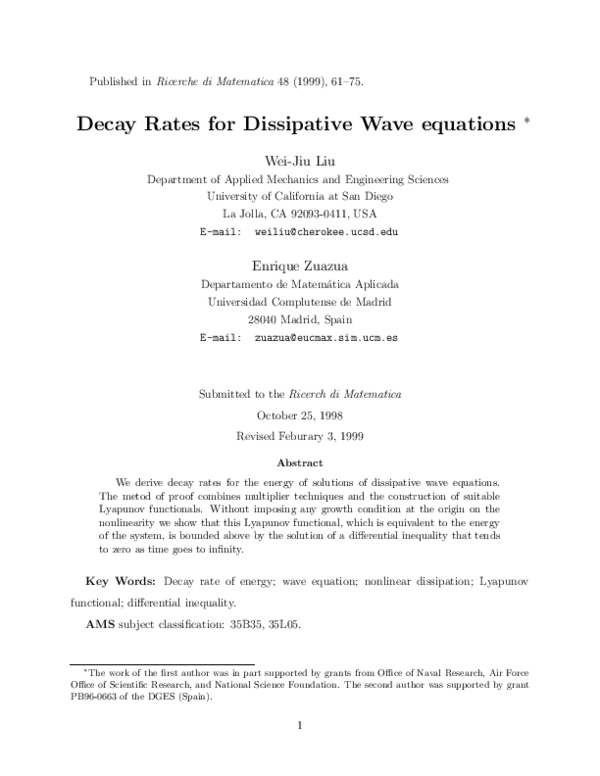 (PDF) Decay rates for dissipative wave equations