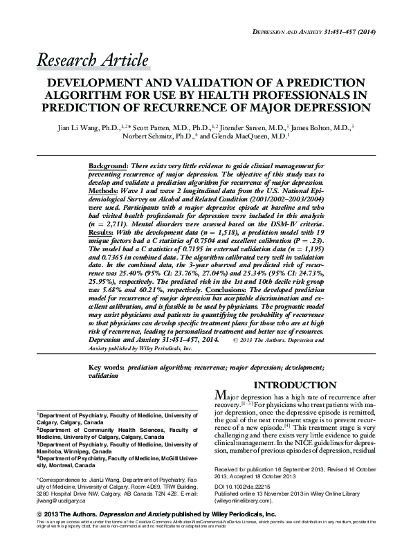 (PDF) Development and Validation of a Prediction Algorithm for Use by ...
