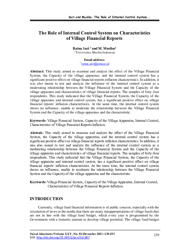 (PDF) The Role of Internal Control System on Characteristics of Village ...