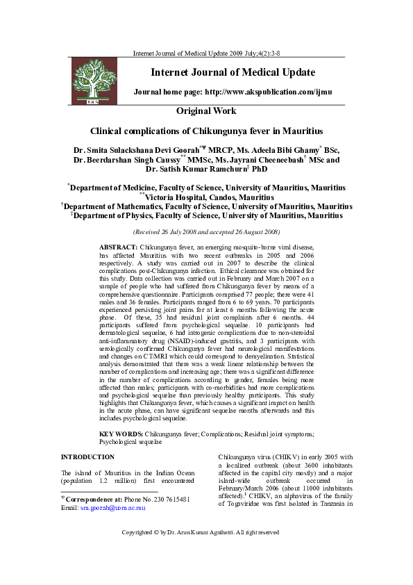 (PDF) Clinical complications of Chikungunya fever in Mauritius