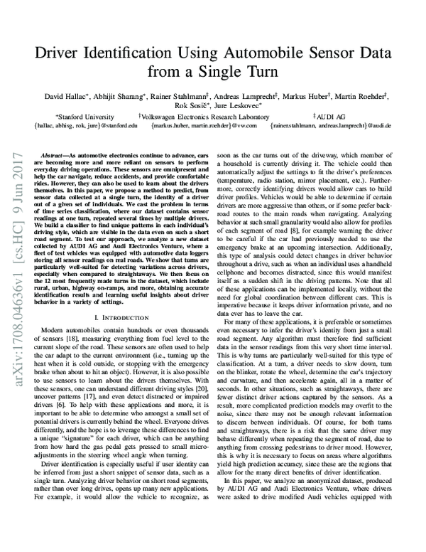 (PDF) Driver identification using automobile sensor data from a single turn