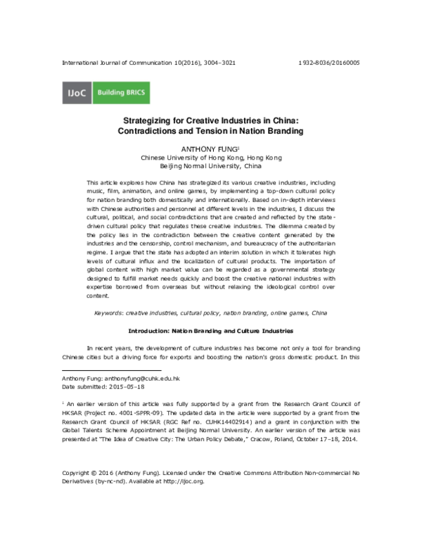 (PDF) BRICS| Strategizing for Creative Industries in China ...
