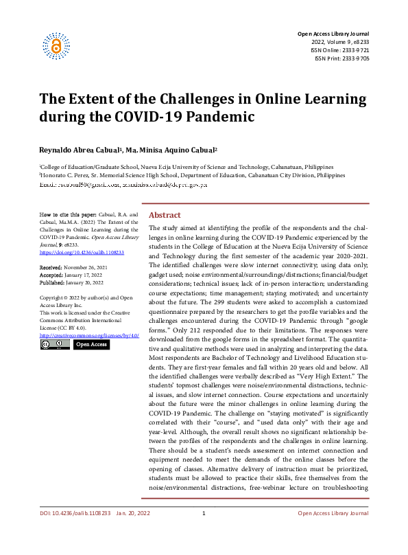 (PDF) The Extent of the Challenges in Online Learning During the ...