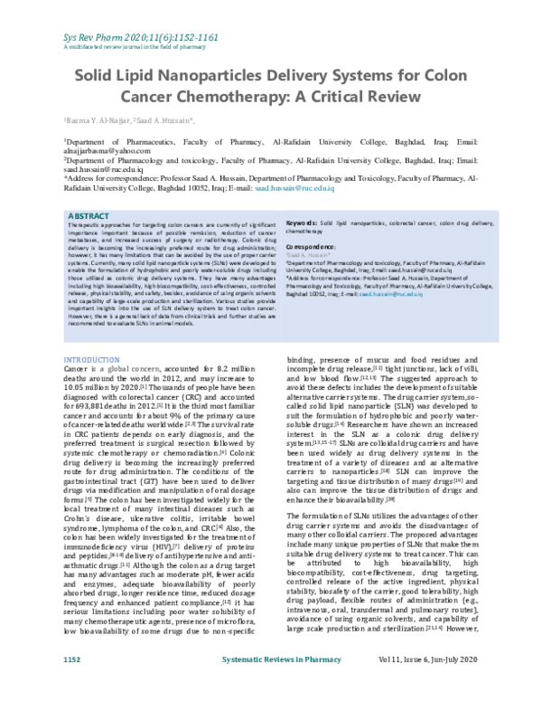 (PDF) Solid Lipid Nanoparticles Delivery Systems for Colon Cancer ...