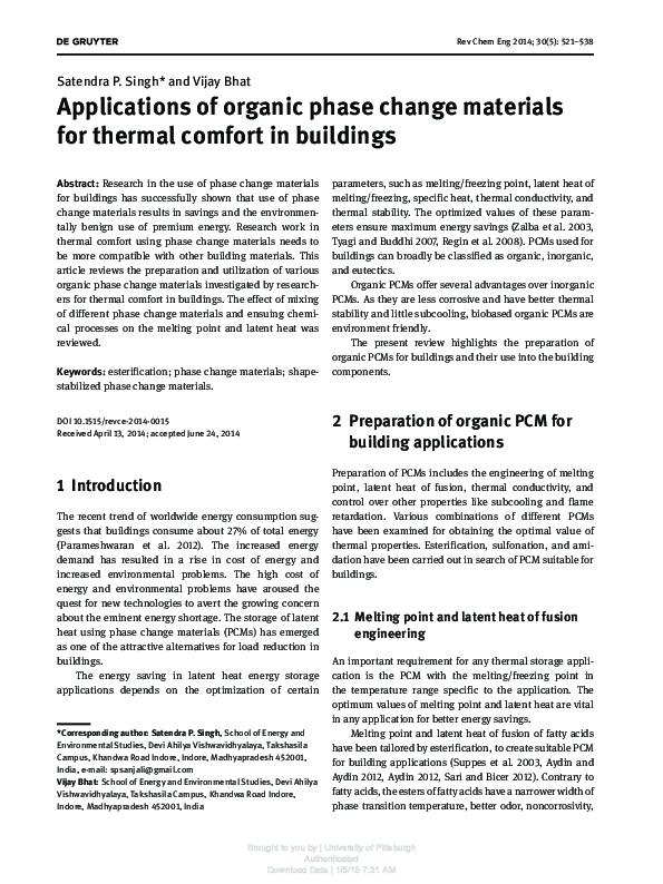 (PDF) Applications of organic phase change materials for thermal ...