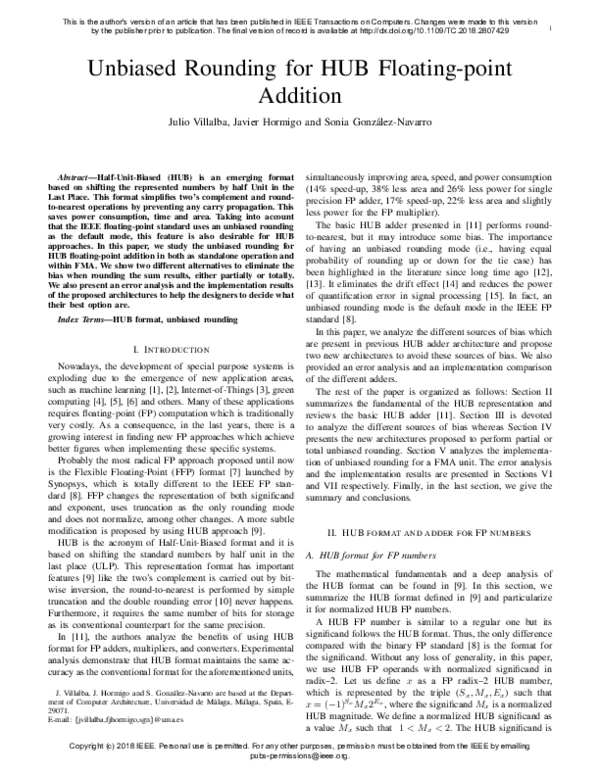 (PDF) Unbiased Rounding for HUB Floating-Point Addition