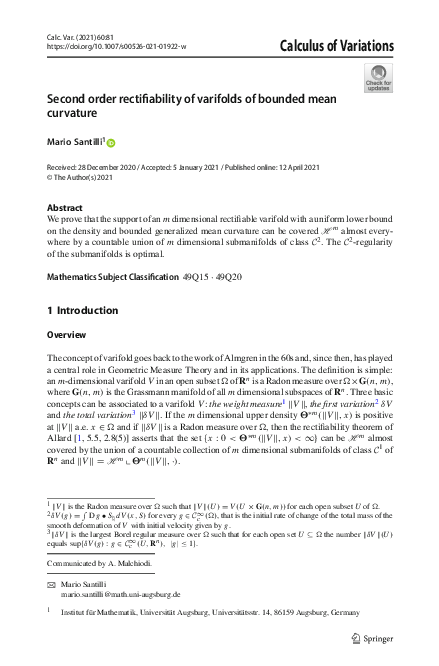 (PDF) Second order rectifiability of varifolds of bounded mean curvature