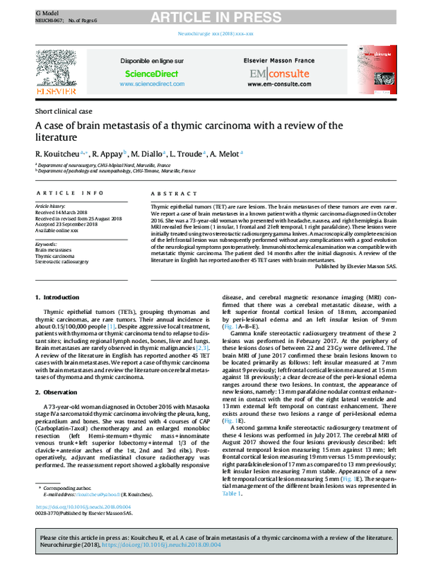 (PDF) A case of brain metastasis of a thymic carcinoma with a review of