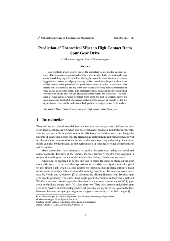 (PDF) Prediction of Theoretical Wear in High Contact Ratio Spur Gear