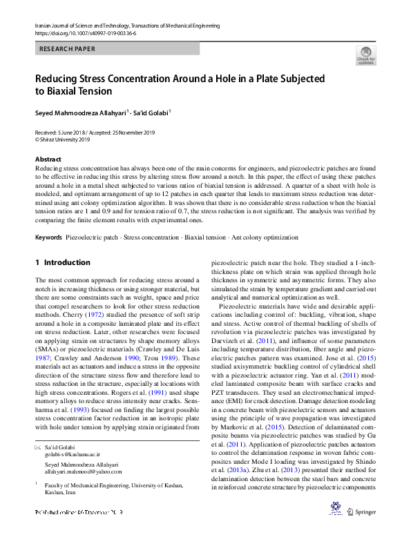 (PDF) Reducing Stress Concentration Around a Hole in a Plate Subjected ...