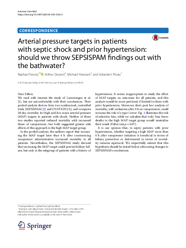 (PDF) Arterial pressure targets in patients with septic shock and prior ...