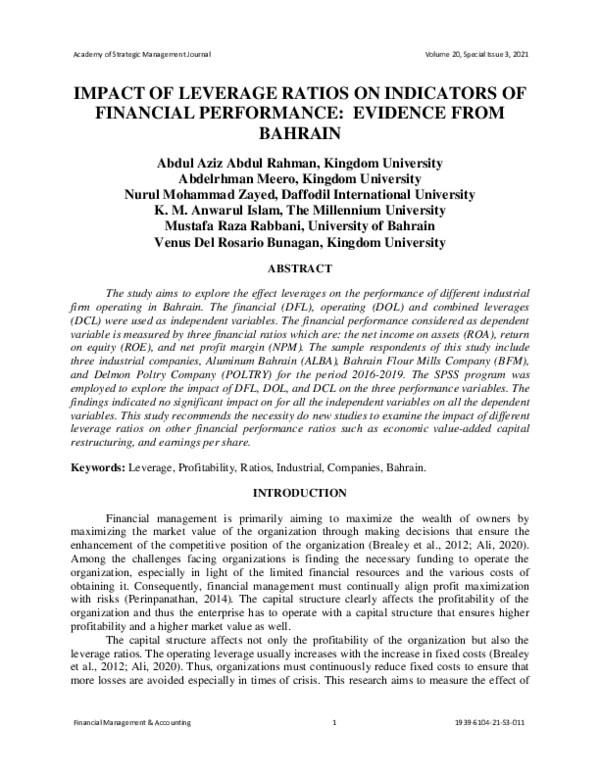 (PDF) Impact of Leverage Ratios on Indicators of Financial Performance ...