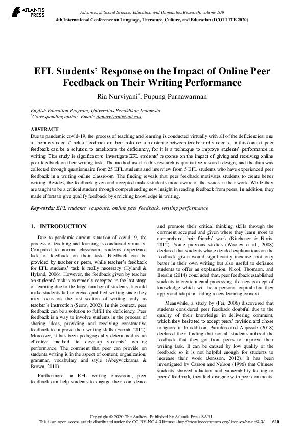(PDF) EFL Students’ Response on the Impact of Online Peer Feedback on ...