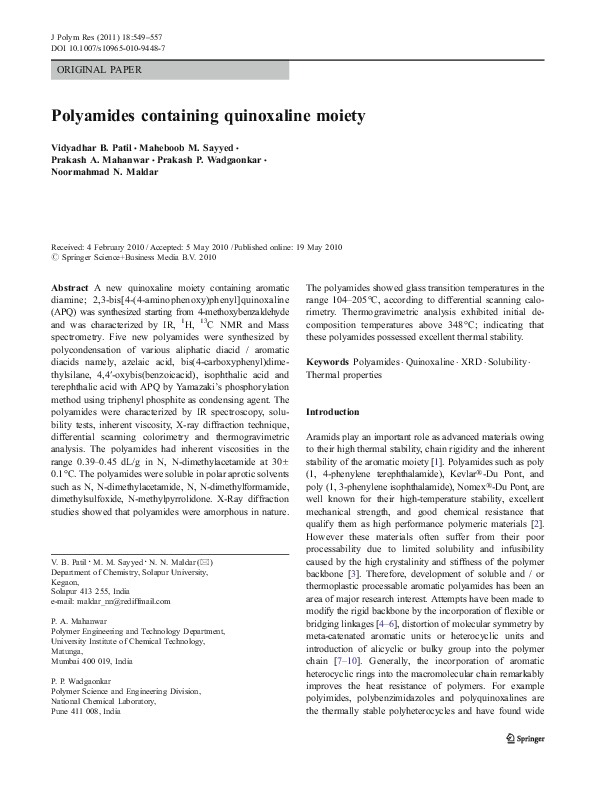 (PDF) Polyamides containing quinoxaline moiety