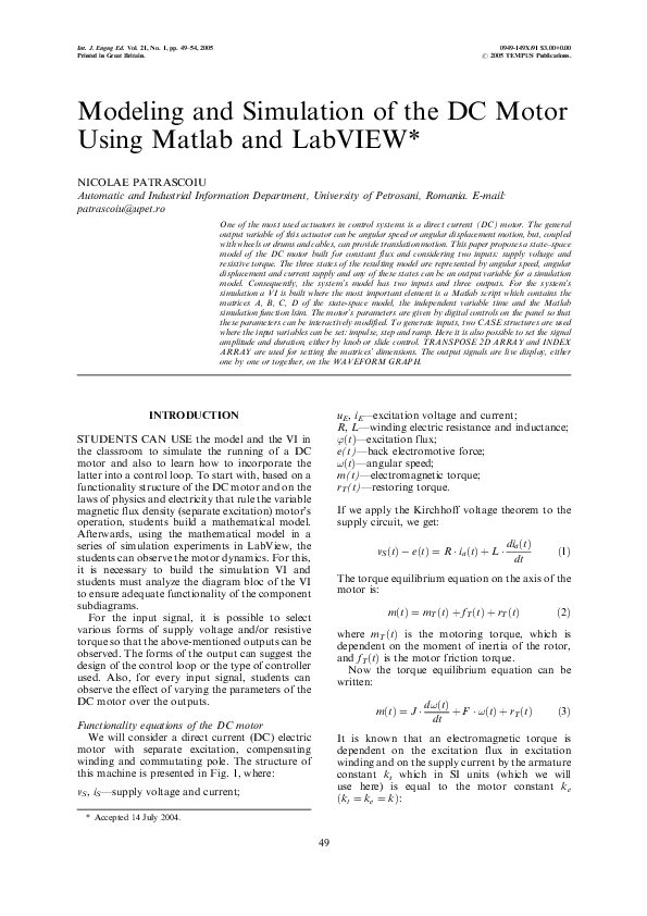 (PDF) Modeling and Simulation of the DC Motor Using Matlab and LabVIEW