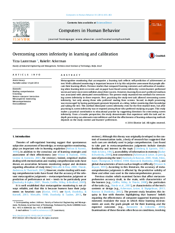 (PDF) Overcoming screen inferiority in learning and calibration
