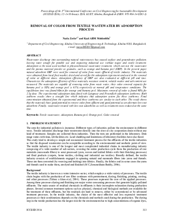(PDF) Removal of Color from Textile Wastewater by Adsorption Process