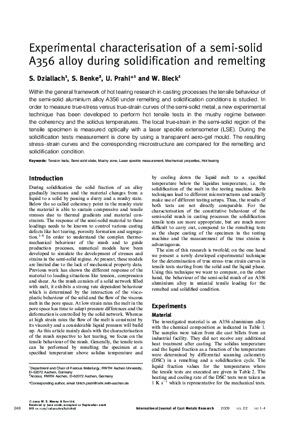 (PDF) Experimental characterisation of a semi-solid A356 alloy during ...