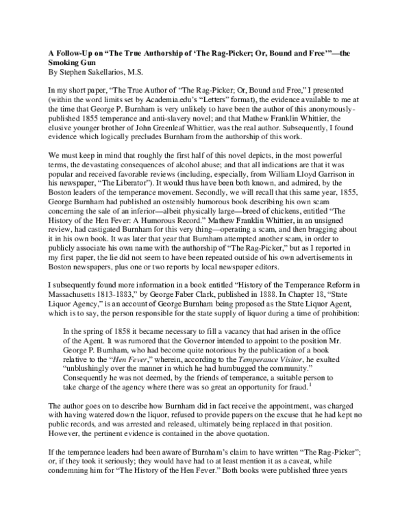 (PDF) A FollowUp on "The True Authorship of 'The RagPicker; Or, Bound
