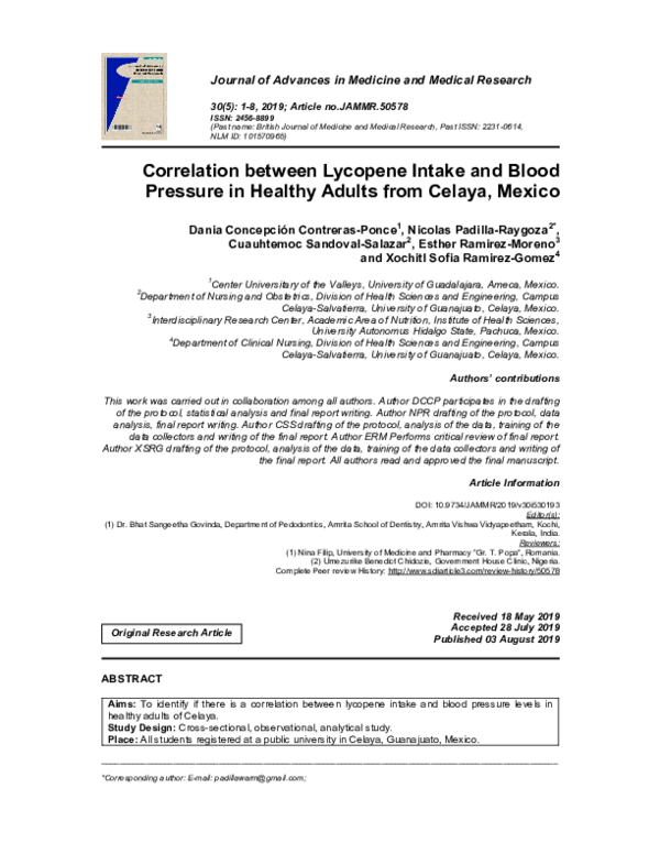 (PDF) Correlation between Lycopene Intake and Blood Pressure in Healthy