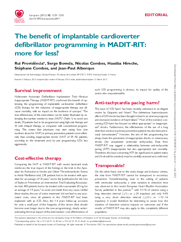 (PDF) The benefit of implantable cardioverter defibrillator programming ...