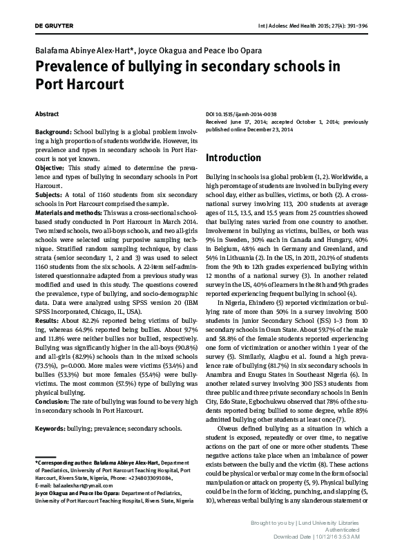 (PDF) Prevalence of bullying in secondary schools in Port Harcourt