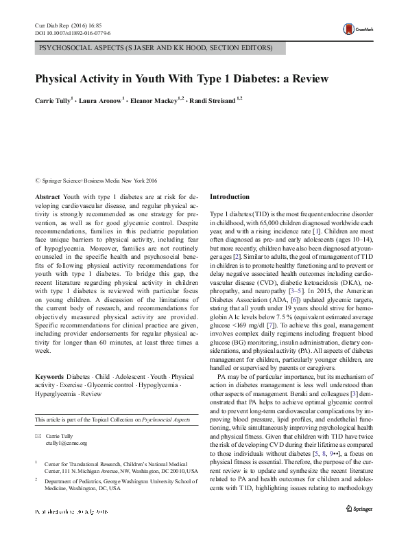 (PDF) Physical Activity in Youth With Type 1 Diabetes: a Review