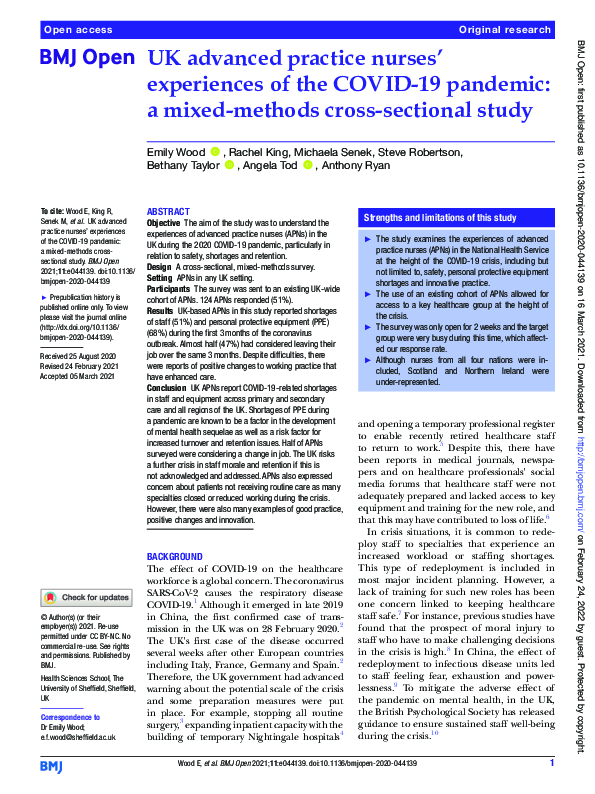 (PDF) UK advanced practice nurses’ experiences of the COVID-19 pandemic ...