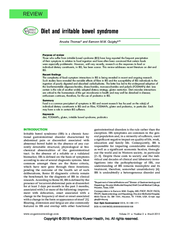 (PDF) Diet and irritable bowel syndrome