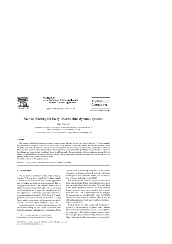 (PDF) Kalman filtering for fuzzy discrete time dynamic systems