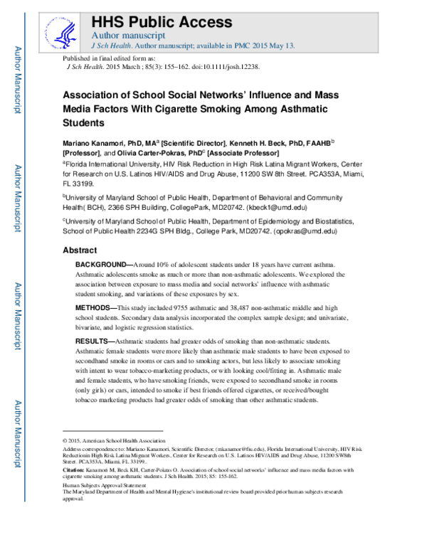 Association of school social networks' influence and mass media factors with cigarette smoking among asthmatic students