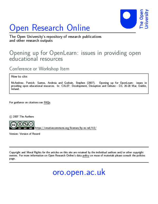 (PDF) Opening up for OpenLearn: issues in providing open educational ...