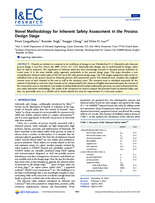(PDF) Novel Methodology for Inherent Safety Assessment in the Process ...