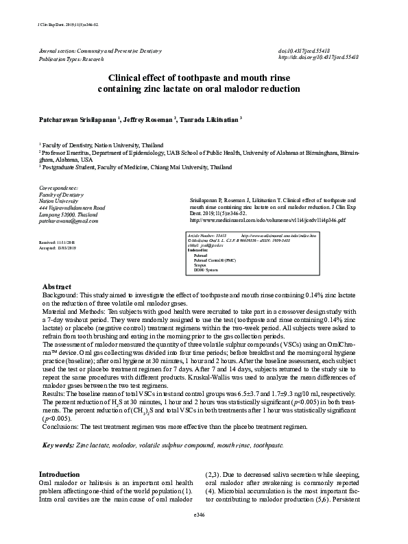 (PDF) Clinical effect of toothpaste and mouth rinse containing zinc