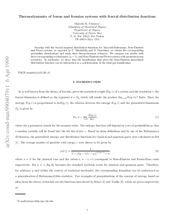 (PDF) Thermodynamics of boson and fermion systems with fractal ...
