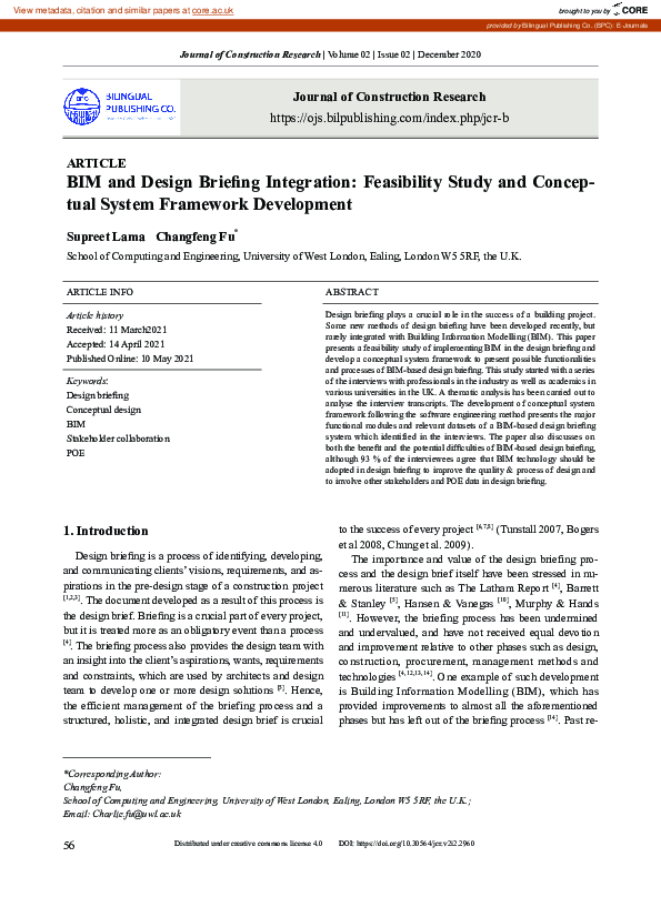 (PDF) BIM and Design Briefing Integration: Feasibility Study and ...