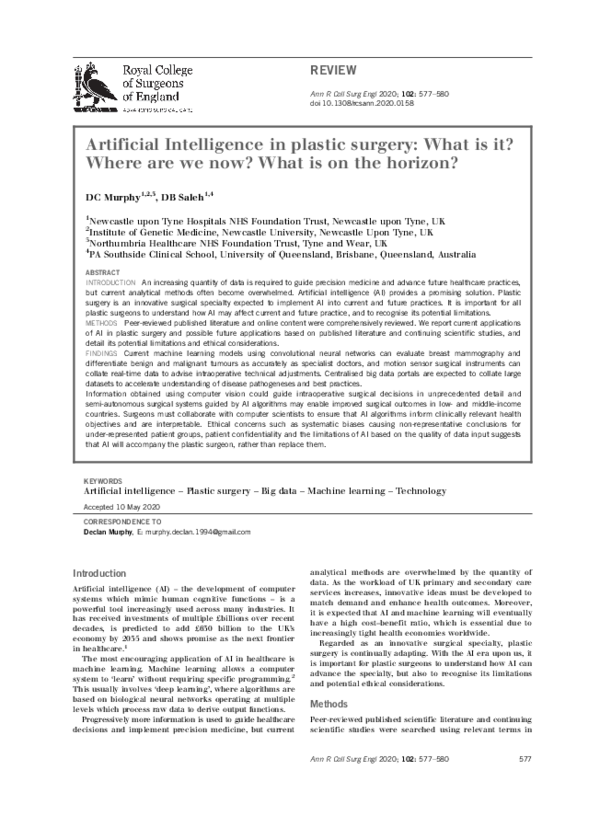 (PDF) Artificial Intelligence in plastic surgery: What is it? Where are ...