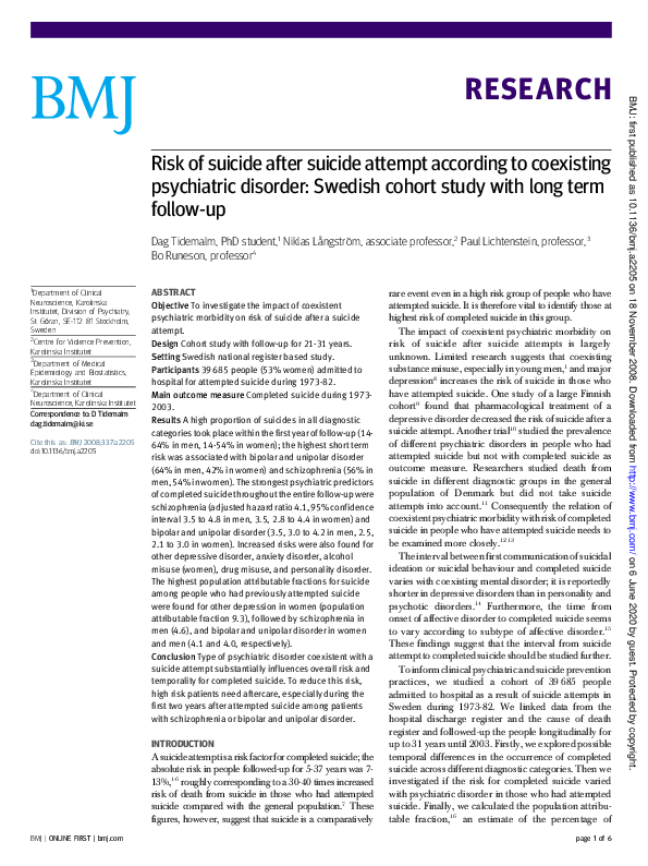 (PDF) Risk of suicide after suicide attempt according to coexisting ...