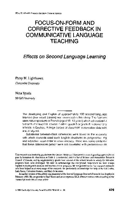 (PDF) Focus-on-Form and Corrective Feedback in Communicative Language ...