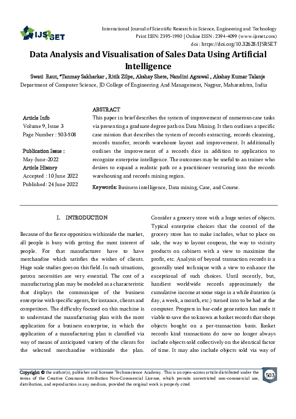 (PDF) Data Analysis and Visualisation of Sales Data Using Artificial ...
