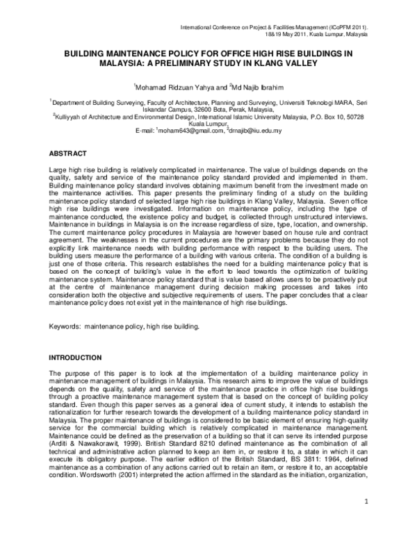 (PDF) Building maintenance policy for office high rise buildings in ...