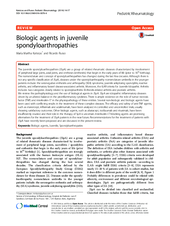 (PDF) Biologic agents in juvenile spondyloarthropathies