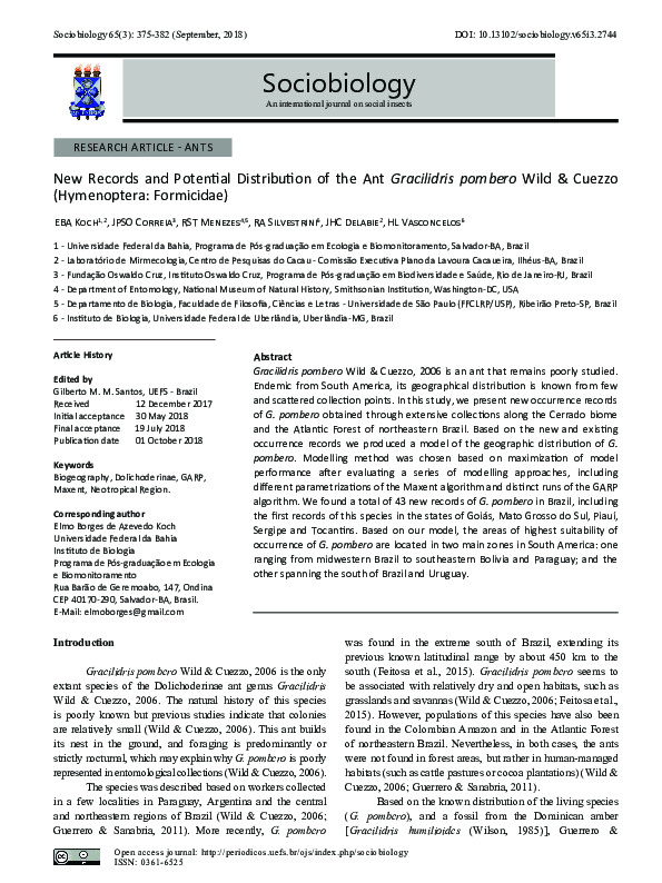 (PDF) New Records and Potential Distribution of the ant Gracilidris