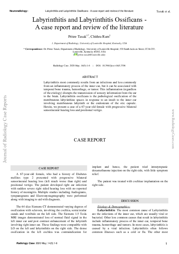 (PDF) Labyrinthitis and Labyrinthitis Ossificans - A case report and ...